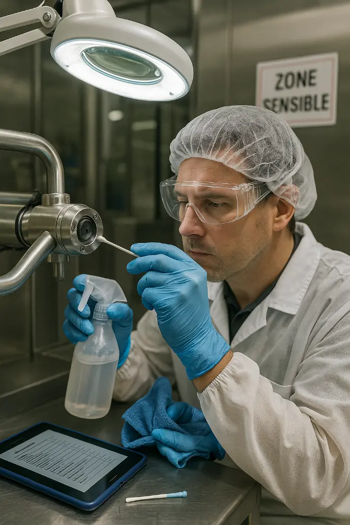 Specialist voert micro-detailing uit op een kritiek machineonderdeel in een farmaceutische zone