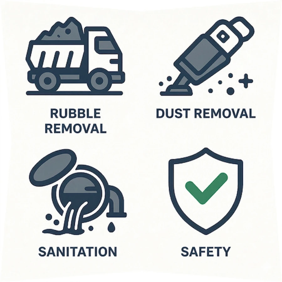 Post-construction cleaning services for IT rooms: rubble removal, technical dust removal, sanitation, and safety compliance.