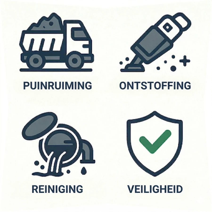 Schoonmaakdiensten na bouwwerken voor IT-ruimtes: puinruimen, technisch stofvrij maken, sanering en veiligheidswaarborg.