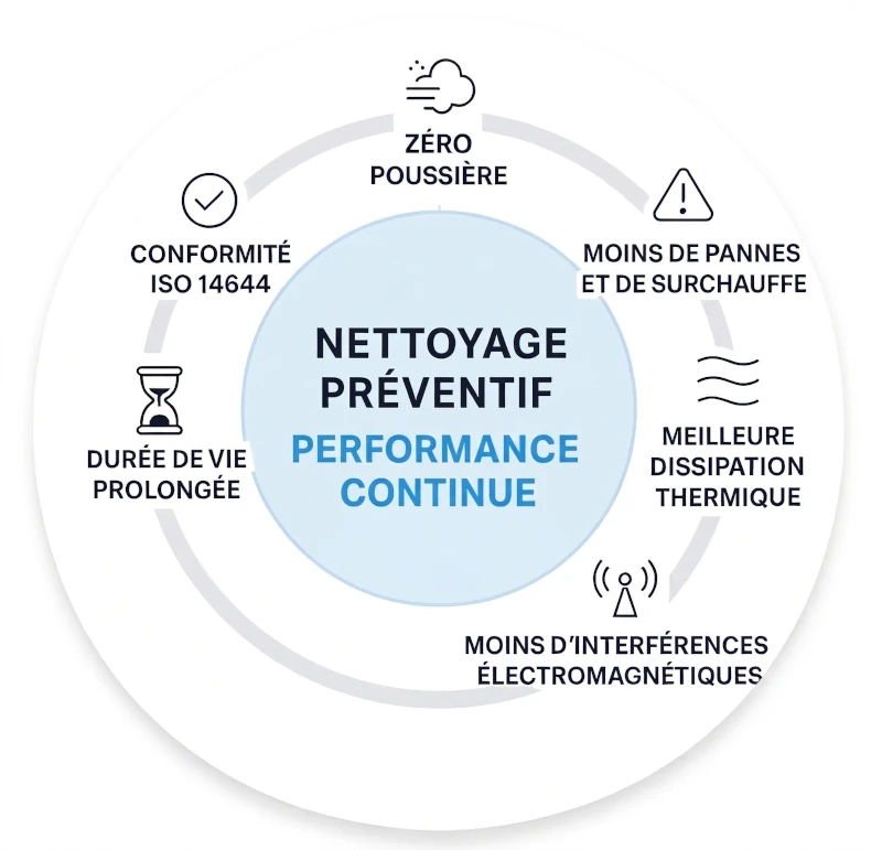 Diagramme des bénéfices du nettoyage préventif : Conformité ISO 14644, dissipation thermique et longévité du data center