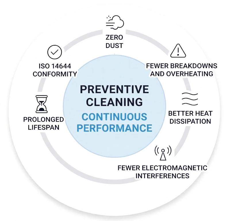 Diagram van de voordelen van preventieve reiniging: ISO 14644-conformiteit, warmteafvoer en levensduur van het datacenter